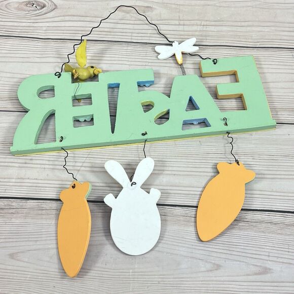 Vintage EASTER Wooden Hanging Sign Decoration Hand Painted Bunny Bird Spring 14” - Picture 11 of 12